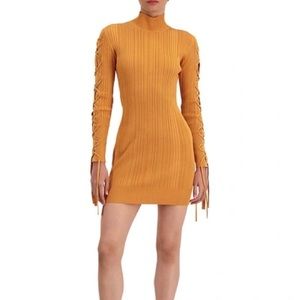 Hervé Léger Women’s Orange Rib Lace-up Long Sleeve Dress